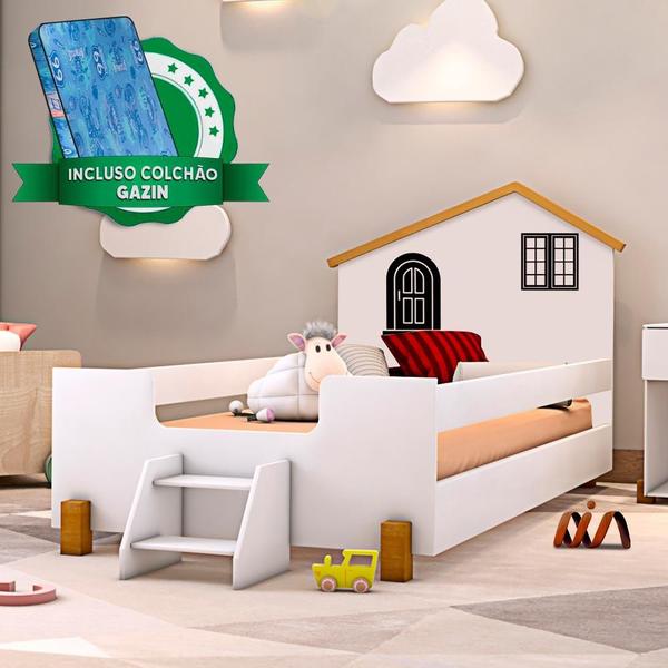 Imagem de Cama Montessoriana Casinha Infantil Branco Preto Belíssima Divaloto Com Colchão Gazin