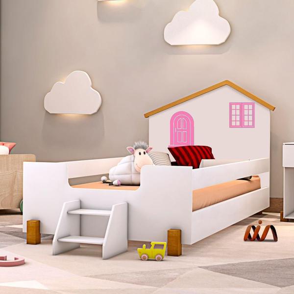 Imagem de Cama Montessoriana Casinha Infantil Com Escadinha Branco Rosa Belíssima Divaloto