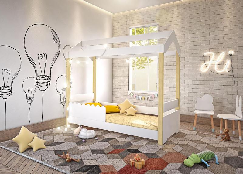 Imagem de Cama Montessoriana Casinha Voal  Leds Branco Solteiro