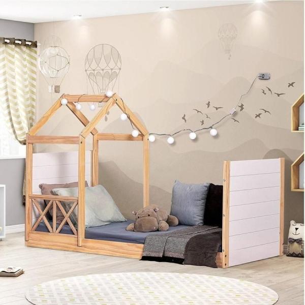 Imagem de Cama Montessoriana Garden com Telhado Single e Grade de Proteção Natural/Branco - Casatema