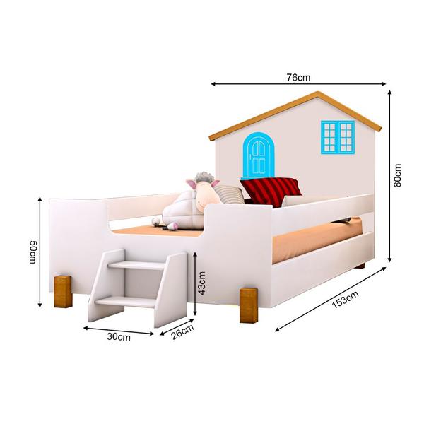 Imagem de Cama Montessoriana Infantil Juvenil Belissima Azul - Branco e Amêndoa + Luminária Led + Colchão