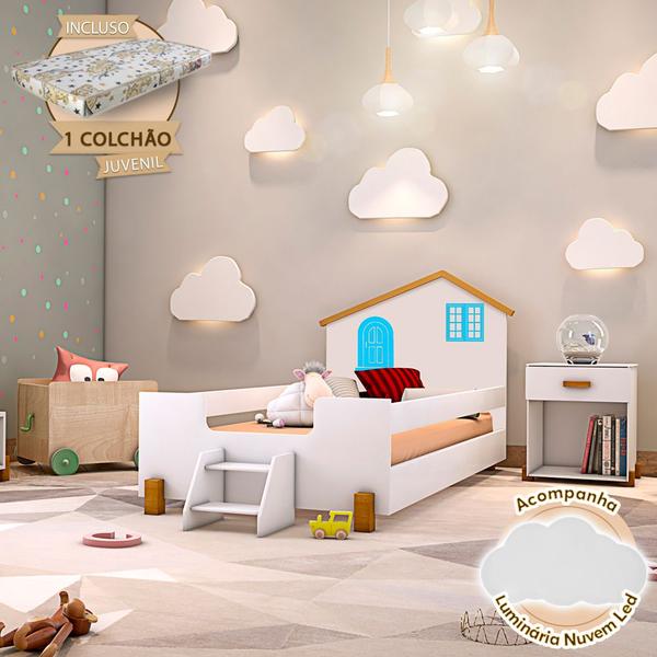 Imagem de Cama Montessoriana Infantil Juvenil Belissima Azul - Branco e Amêndoa + Luminária Led + Colchão