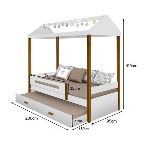 Imagem de Cama Montessoriana Infantil Sara Solteiro C/ Led e Cama Auxiliar - Branco/amêndoa