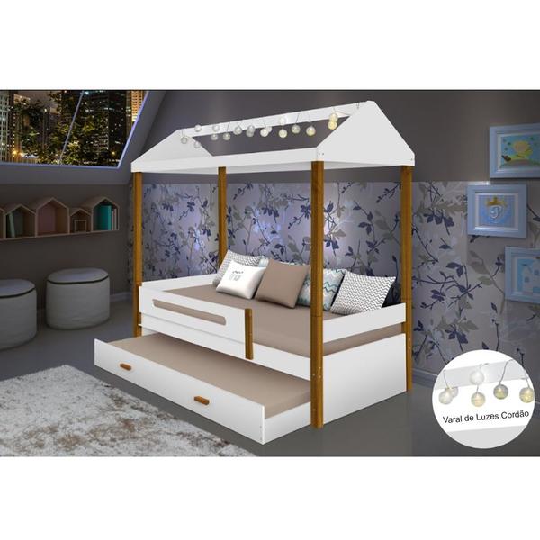 Imagem de Cama Montessoriana Infantil Sara Solteiro C/ Led e Cama Auxiliar - Branco/amêndoa