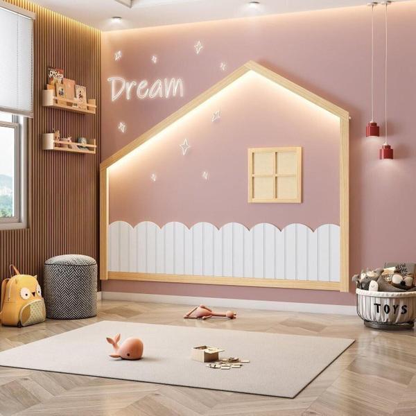 Imagem de Cama Montessoriana Lift Solteiro com 1 Grade e Moldura Infantil Casinha com Led Dream Decor Casatema Branco/Natural