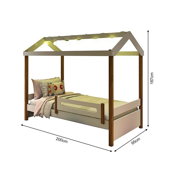 Imagem de Cama Montessoriana Solteiro Casinha Eliz com Led Grade de Proteção e Colchão Branca/mel