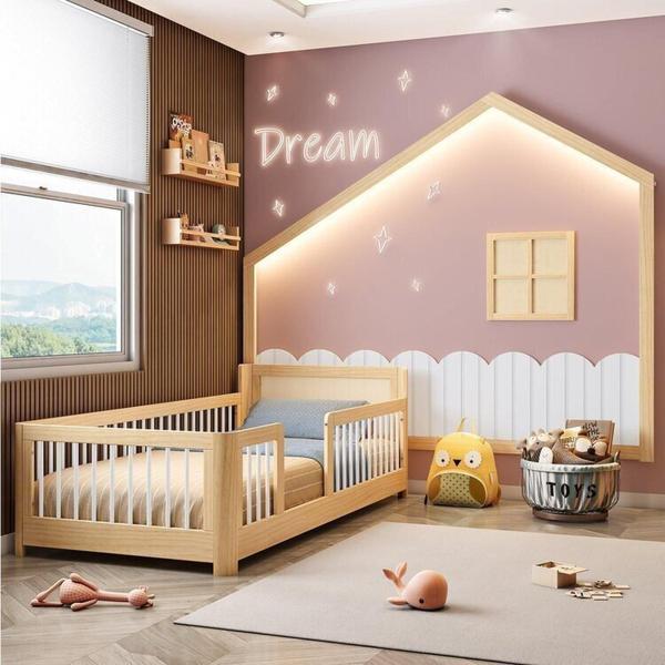 Imagem de Cama Montessoriana Wave Solteiro com Moldura Infantil Casinha com Led Dream Decor Casatema Branco/Natural