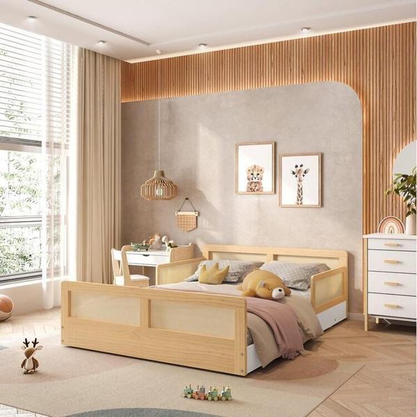 Imagem de Cama Montessoriano Casal Lift em Madeira Maciça com Rattan 2 Grades Casatema Branco/Natural