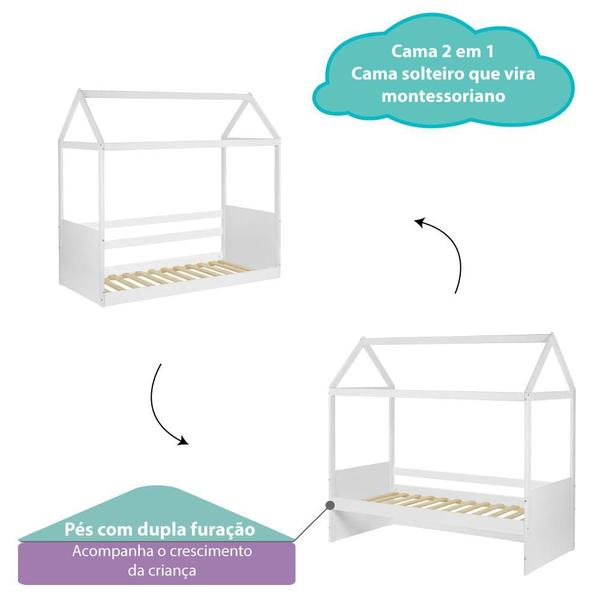 Imagem de Cama Montessoriano Reversível com Grade Casinha Garden - Branco/Cinza - Casatema