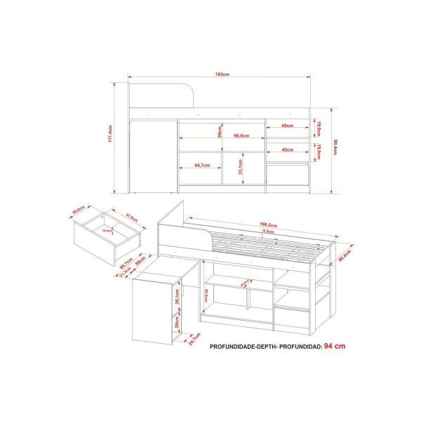 Imagem de Cama Multifuncional Juvenil CM8021 c/ Escrivaninha Branco - Tecno Mobili