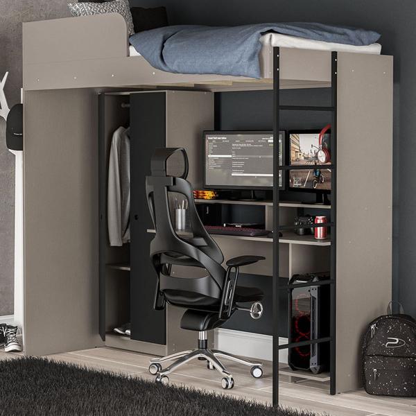 Imagem de Cama Multifuncional Konza com Mesa Gamer Cinza/Preto - Politorno