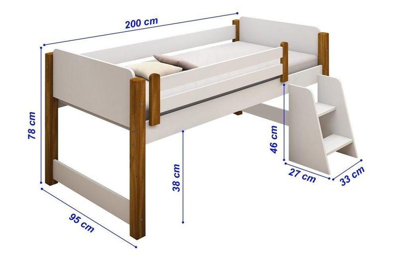 Imagem de Cama Naty Branco/Mel com 2 nichos adesivadas azul  e escadinha