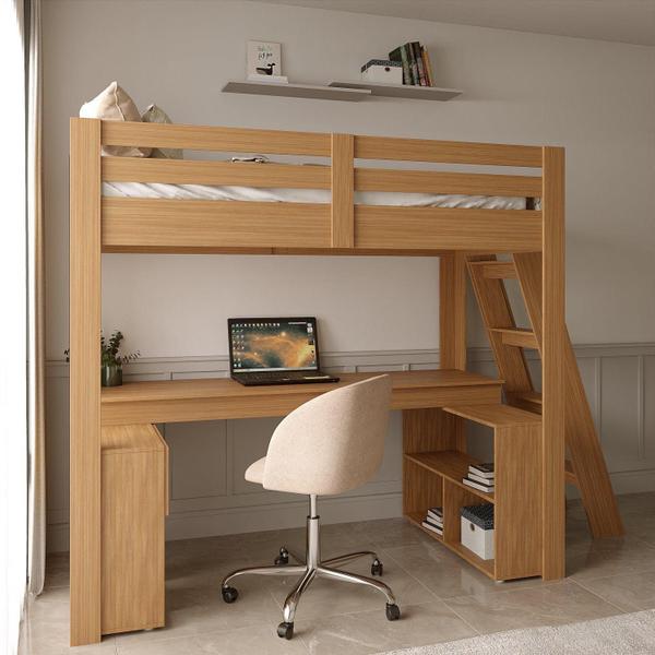 Imagem de Cama Office Star Light com Escada Inclinada Freijó