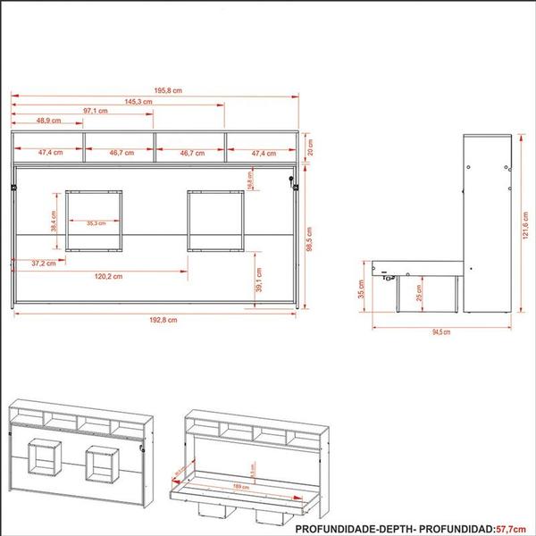 Imagem de Cama Retrátil Horizontal Solteiro 195,8x121,6x94,5 Amêndoa