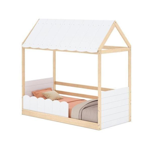 Imagem de Cama Reversivel Casinha com Telhado, LED  e Grade Dupla Frontal  New Garden Casatema Branco/Natural