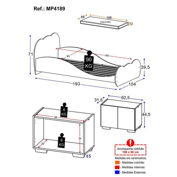 Imagem de Cama Solteiro 100% MDF com Colchão Incluso e Mesa de Cabeceira 2 Portas Multimóveis MP4189