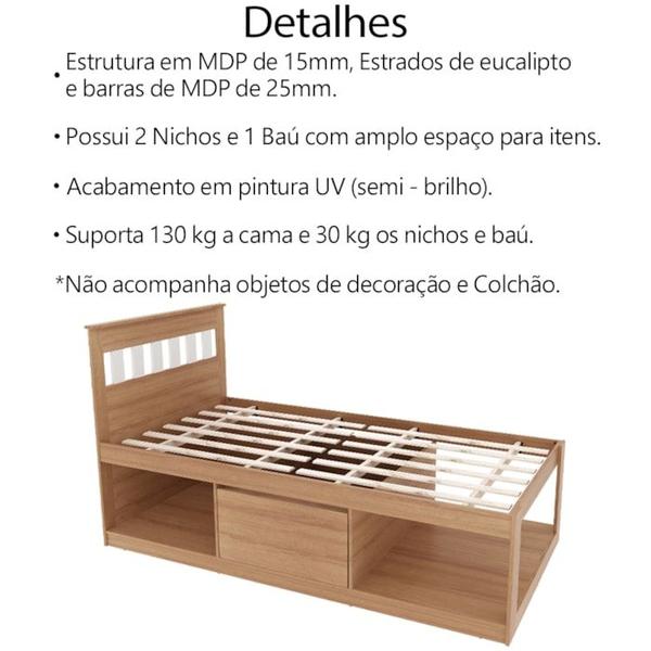 Imagem de Cama Solteiro 2 Nichos 1 Bau CM8037 Amendoa Branco Tecno Mobili