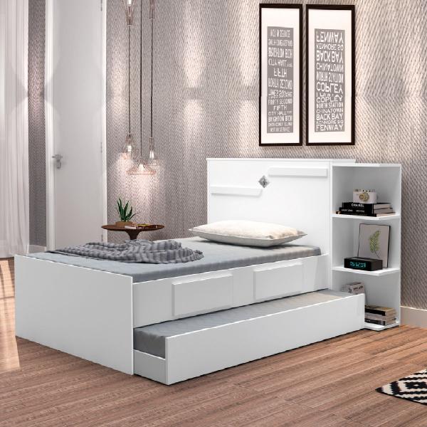 Imagem de Cama Solteiro Cabeceira Baú com cama auxiliar 0,88m 2 Gavetas Hortencia Branco / Branco Lilás Flex 