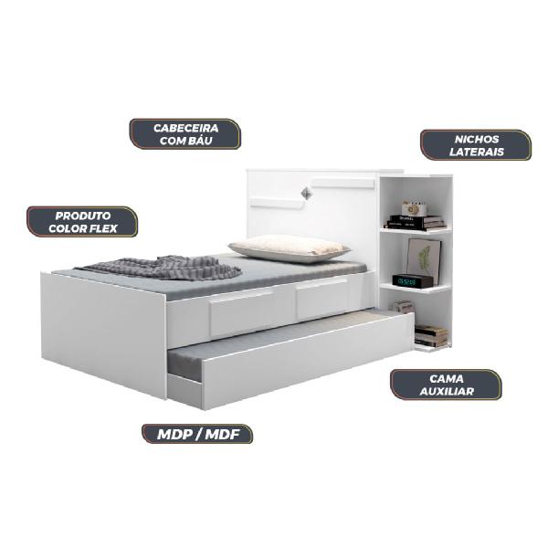 Imagem de Cama Solteiro Cabeceira Baú com cama auxiliar 0,88m 2 Gavetas Hortencia Branco / Branco Lilás Flex 