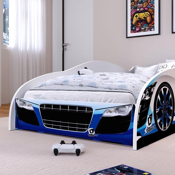 Imagem de Cama Solteiro Carro Drift Azul Branco Caminha Resistente Decoração Quarto Infantil Menino - RPM Móveis