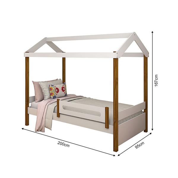 Imagem de Cama Solteiro Casinha Montessoriana Eliz com Grade de Proteção Branco/mel