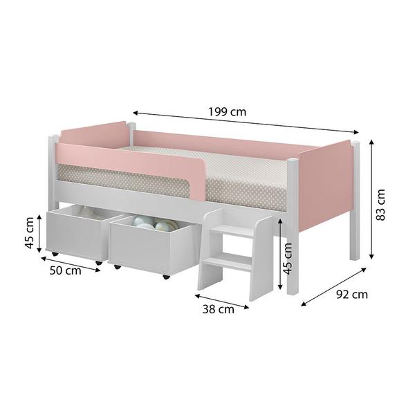 Imagem de Cama Solteiro com 2 Baus Organizador e Escada Luna Plus Branco com Rosa