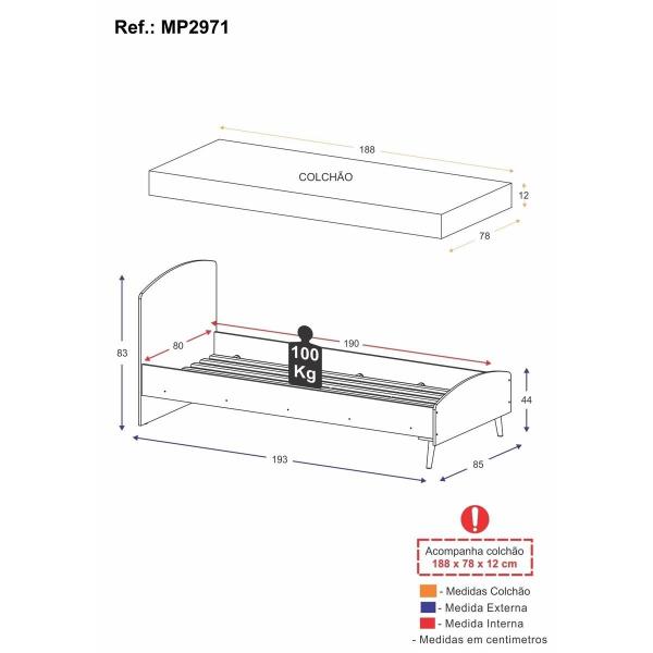 Imagem de Cama Solteiro com Colchão Incluso 78x188cm 100% MDF Doçura Multimóveis Branca/Cinza/Rosa