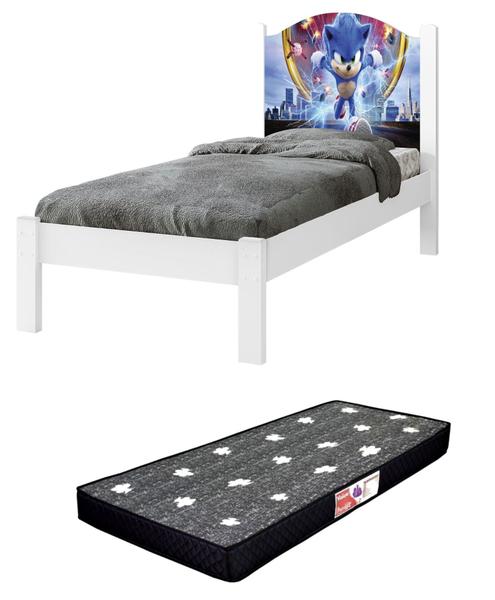 Imagem de Cama Solteiro Com Colchão Menino Adesivada Sonic 100%Mdf Branca