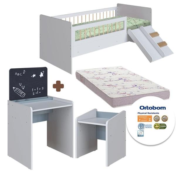 Imagem de Cama Solteiro Com Colchão Ortobom E Mesinha Infantil Branco Azul Cassian Shop JM