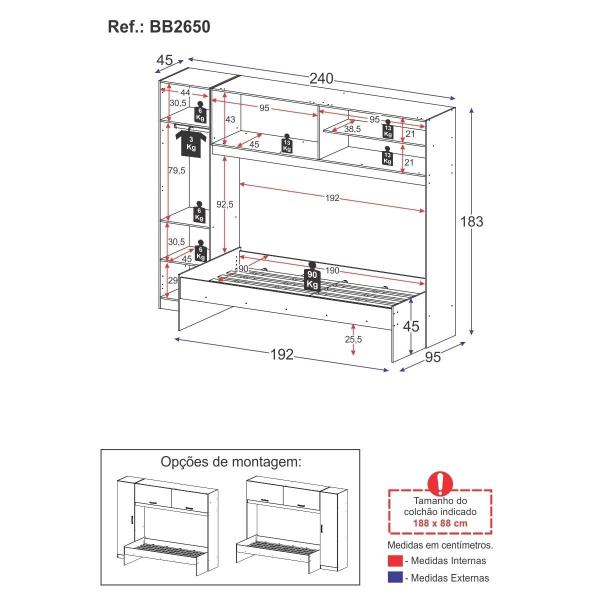 Imagem de Cama Solteiro com Guarda-Roupas para Colchão 88x188 cm Casadinho Multimóveis BB2650