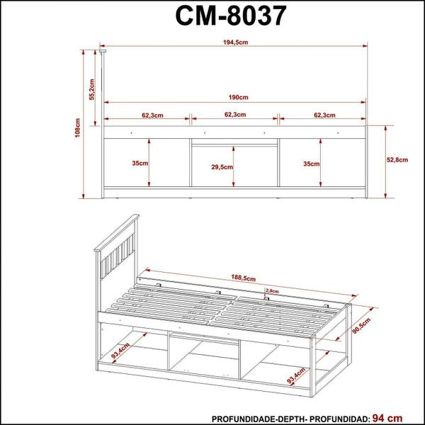 Imagem de Cama Solteiro com Nichos e Baú CM8037 Branco