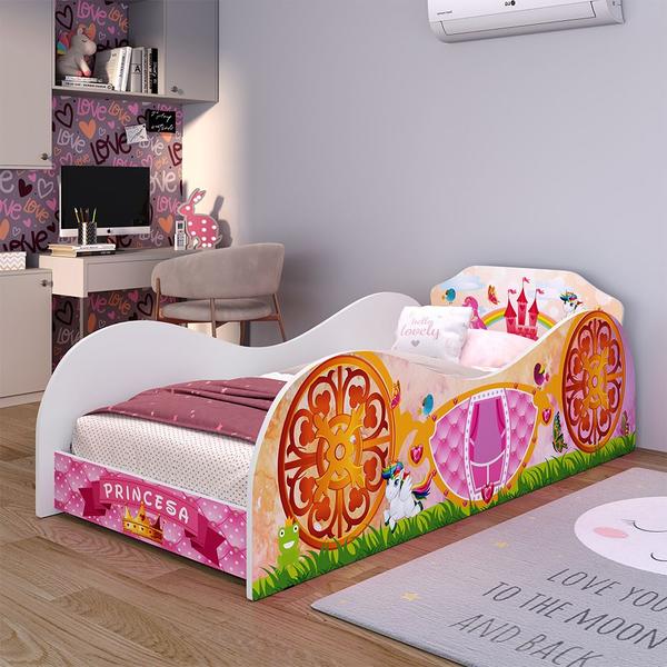 Imagem de Cama Solteiro Infantil Carruagem Montessoriana MDF Lateral Grade Proteção Decoração Quarto Juvenil Menina Feminino Princesa Encantada Rosa- RPM