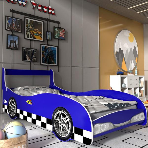 Imagem de Cama Solteiro Infantil com proteção lateral Menino carro de rally Azul