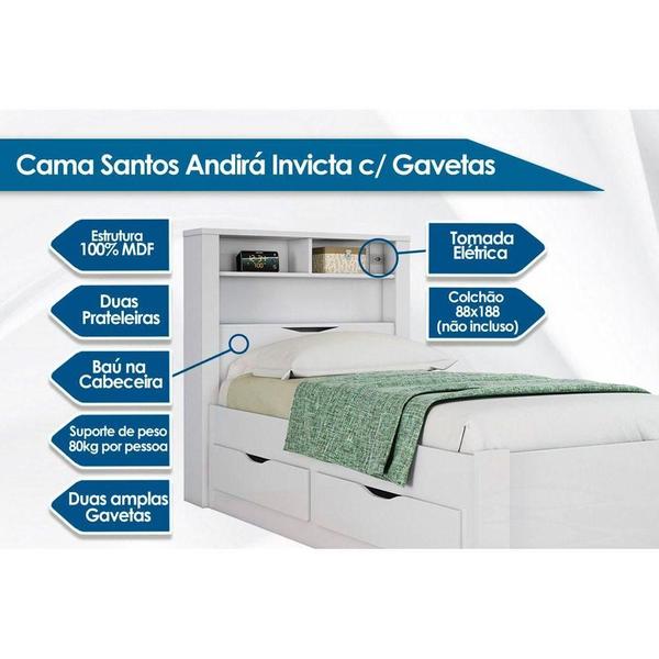 Imagem de Cama Solteiro Invicta c/ 2 Gavetas Branco - Santos Andirá