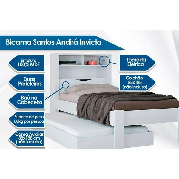 Imagem de Cama Solteiro Invicta c/Auxiliar Branco - Santos Andirá