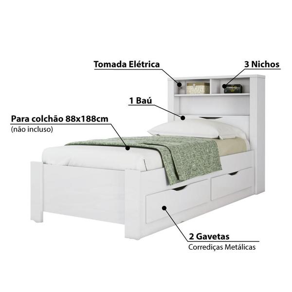 Imagem de Cama Solteiro Invicta com 2 Gavetas e Baú - Branco