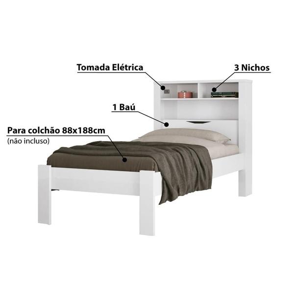 Imagem de Cama Solteiro Invicta com 3 Nichos e Baú - Branco