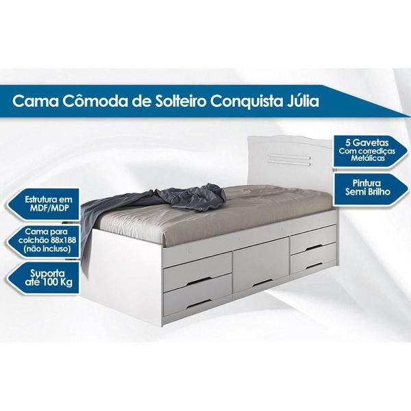 Imagem de Cama Solteiro Júlia 5 Gavetas Multifuncional  Branco - Conquista