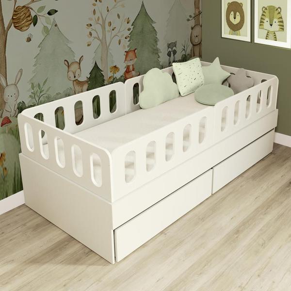 Imagem de Cama Solteiro Mdf Branco com 02 Gavetas 04 Grades e Cabeceira Anatômica Mobilistore