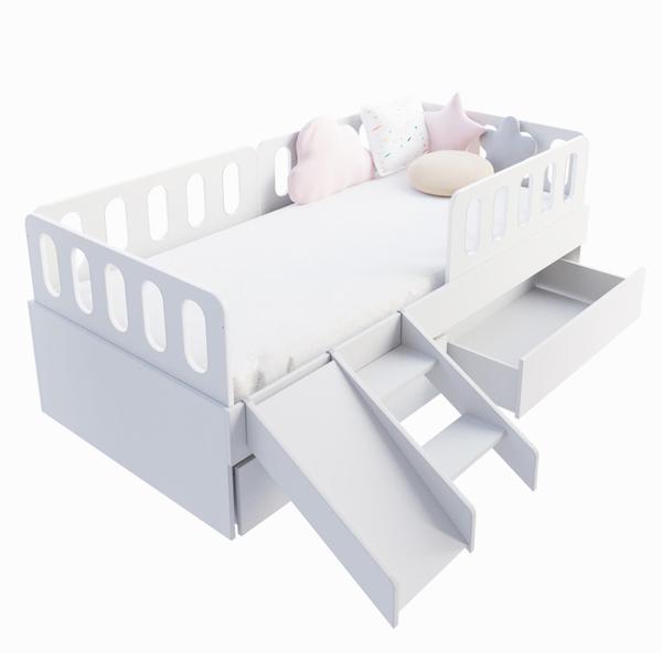 Imagem de Cama Solteiro Mdf Branco com 02 Gavetas Escadinha/Escorrega 03 Grades e Cabeceira Anatômica Mobilistore