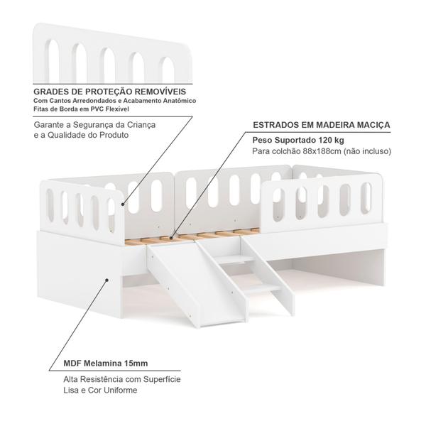 Imagem de Cama Solteiro Mdf Branco com Escadinha/Escorrega 03 Grades e Cabeceira Anatômica Mobilistore