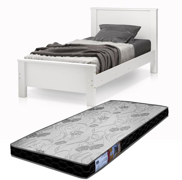 Imagem de Cama Solteiro Mila Toda Branca Pés de Madeira Estilo Classico Moderno Junto Com Colchão D20 188x88 Solteiro