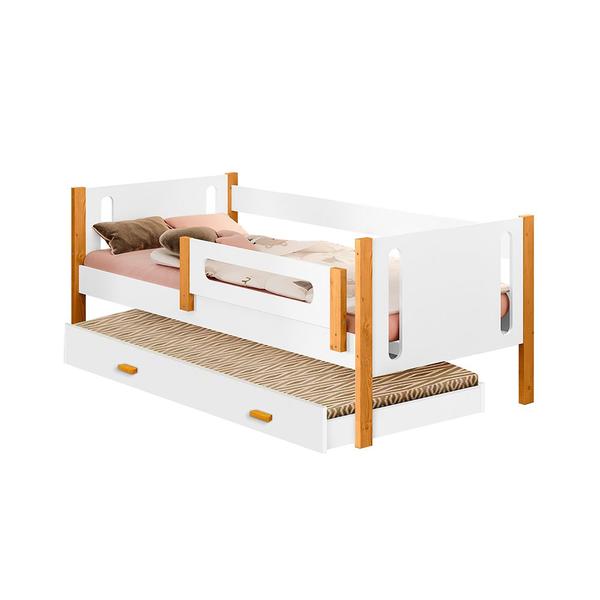 Imagem de Cama Solteiro Mirela C/ Cama Auxiliar Branco/amêndoa Grade de Proteção Luminária Led