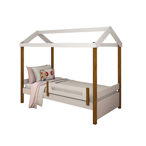 Imagem de Cama Solteiro Montessoriana Casinha Eliz com Colchão e Grade de Proteção - Branco/mel