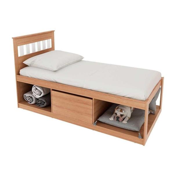 Imagem de Cama Solteiro Multifuncional c/ Nichos e Baú CM8037 Amêndoa/Branco - Tecno Mobili