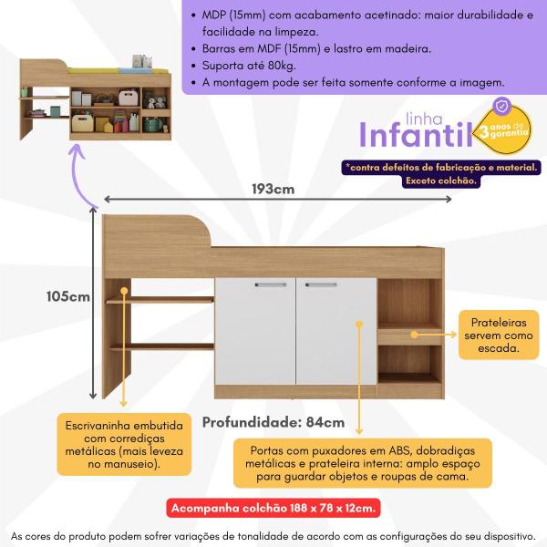 Imagem de Cama Solteiro Multifuncional com Colchão Incluso 2 Portas e Escrivaninha Multimóveis MP4233 Branco