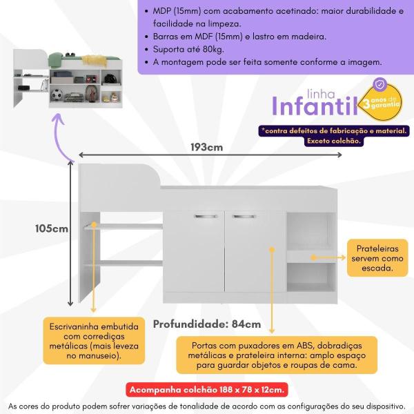 Imagem de Cama Solteiro Multifuncional com Colchão Incluso 2 Portas e Escrivaninha Multimóveis MP4235 Branco