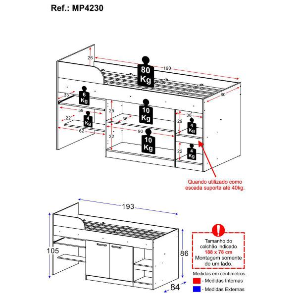 Imagem de Cama Solteiro Multifuncional para Colchão 188 x 78cm com 2 Portas e Escrivaninha Multimóveis MP4230 Branco