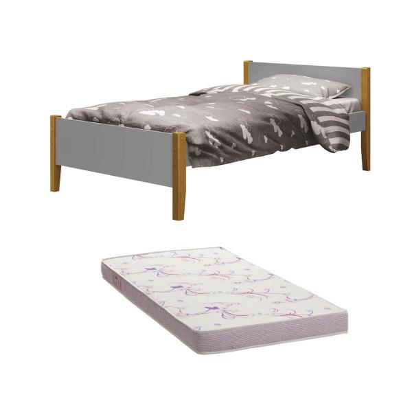 Imagem de Cama Solteiro Simba Cinza Fosco com Pés em Madeira com Colchão D20 188 x 88 x 12 cm - Reller