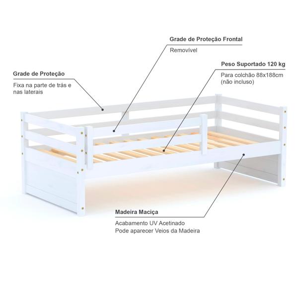 Imagem de Cama Solteiro Slim com Grade de Proteção Madeira Maciça Branco Housin